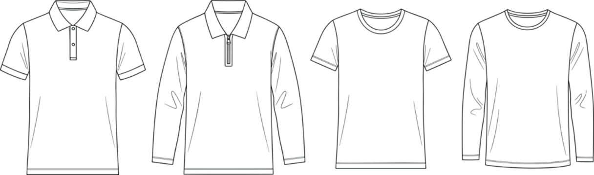 Black Line Art Illustration Set of Basic Men&rsquo;s Apparel Featuring Classic Polo Shirt Quarter Zip Pullover Crewneck T-Shirt and Long Sleeve Top for Casual Fashion Design