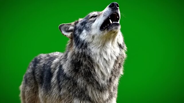 Majestic grey wolf captured mid-howl, head tilted back in a powerful vocal display, its wild spirit echoed against a vibrant green screen backdrop, perfect for dynamic media projects