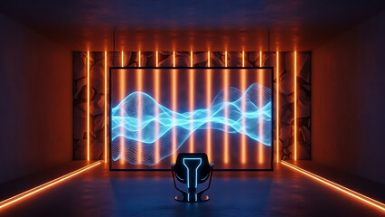 Futuristic room with a large screen displaying a glowing blue sound wave animation and a chair