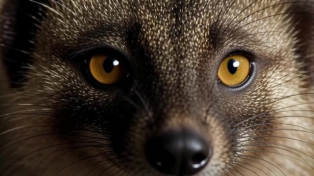 Intense close-up of a wild fox with striking amber eyes and textured fur.