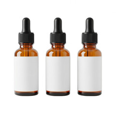 Three amber glass dropper bottles with blank labels on a white background. isolated on transparent background