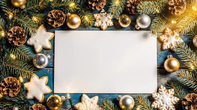 Christmas holiday greeting card frame with pine branches and cookies