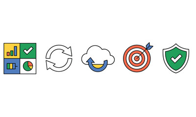 Collection of icons representing data analysis and business success concepts such as refresh, cloud storage, targeting, and security for modern business applications and strategies.
