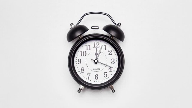 Old fashioned alarm clock with bells on white background. Vintage clock time flowing timelapse. Clock face on white background. Time concept. Table clock show running time. Close-up in 4K, UHD