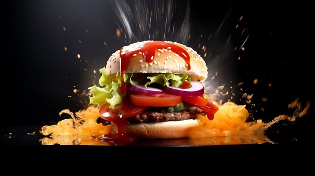 Caramelized onion and truffle burger with rich melted cheese stringing between bun halves, golden toasted layers and black pepper steam in mid-air, studio black backdrop, full frame, 	Caramelized onio