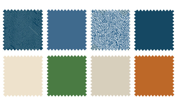 Collection of eight assorted fabric swatches in various colors and patterns suitable for interior design projects, showcasing different textures and hues for decorating purposes.