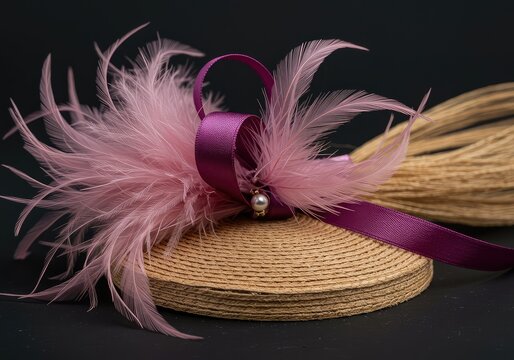 Detailed view of delicate materials, including plumes, sinamay straw, and ribbon, necessary for the artistic construction of custom headwear ,headwear ,ribbon ,preparation