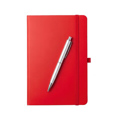 A red notebook with a silver pen on a white background, perfect for writing and note taking. isolated on transparent background