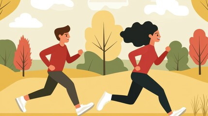 Couple jogging in autumn park