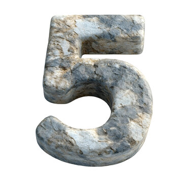 Top view of a 3D number 5 made of bluestone sandstone isolated on a white transparent background