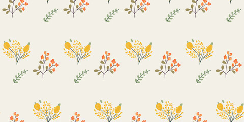 Vintage Style Floral Seamless Background. Doodle Blossoms and Green Branches. Elegant Hand Drawn Illustration For Surface Design. Fabric Swatch or Scrapbook Page. Delicate Spring Blossom Pattern Art