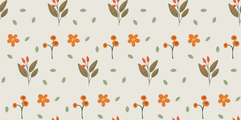 Vintage Style Floral Seamless Background. Doodle Blossoms and Green Branches. Elegant Hand Drawn Illustration For Surface Design. Fabric Swatch or Scrapbook Page. Delicate Spring Blossom Pattern Art