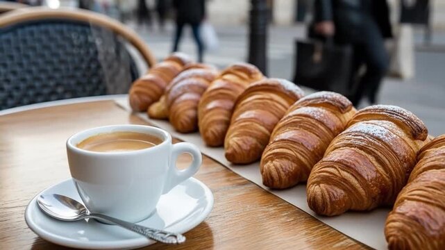 A Parisian Morning - Coffee and Croissants on a Cafe Table.
