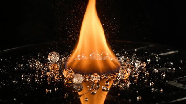Bright flame and water droplets on black reflective surface creating dynamic abstract fire water scene.