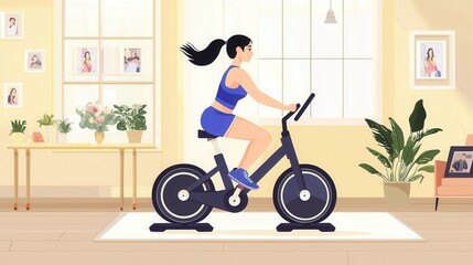 Woman Exercising on Stationary Bike at Home