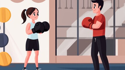 Girl and trainer at boxing gym