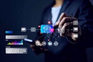 Naklejka na ściany i meble AI agent concept with a man writing line to command agentic artificial intelligence automation node coding flow process perform multi-step tasks across different software platforms independently