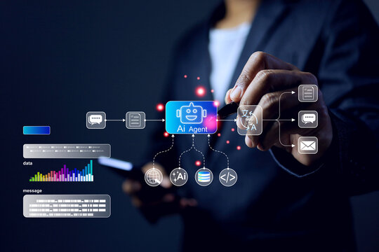 AI agent concept with a man writing line to command agentic artificial intelligence automation node coding flow process perform multi-step tasks across different software platforms independently