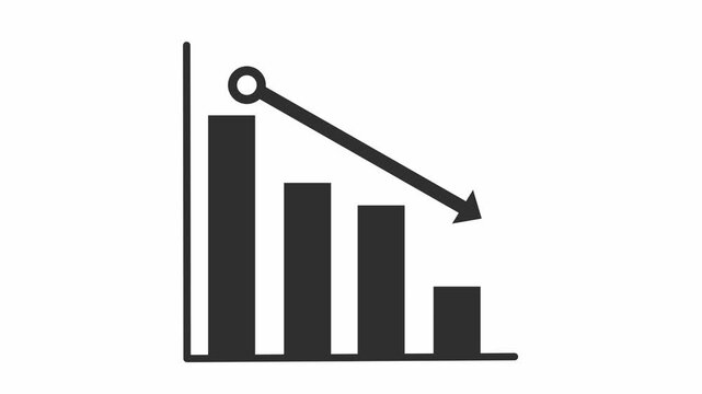 Business bar chart with downward arrow showing decreasing statistics and economic recession on white background