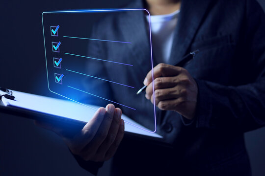 check list concept with a businessman holding clipboard and tick checkmark to correct represent to done on item to plan to do on task