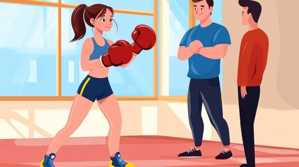 Young Woman Boxing with Trainers