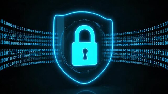 Abstract cyber security concept with digital lock icon protecting data streams, glowing shield animation, binary code flowing in background, dark tech style, smooth motion, professional corporate look