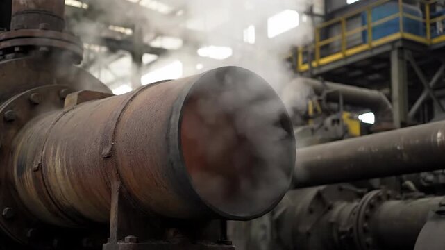 Close-up of rusty industrial pipeline with steam leak at factory. Industry, vapor, pipeline, metal, factory, pipe are depicted.