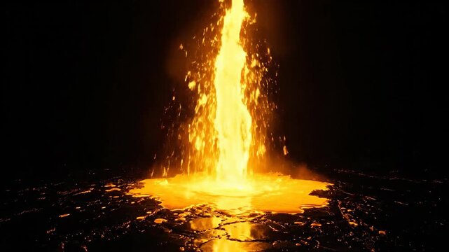 Dramatic shot of molten Lava flowing, with bright orange liquid and dark rock formation.