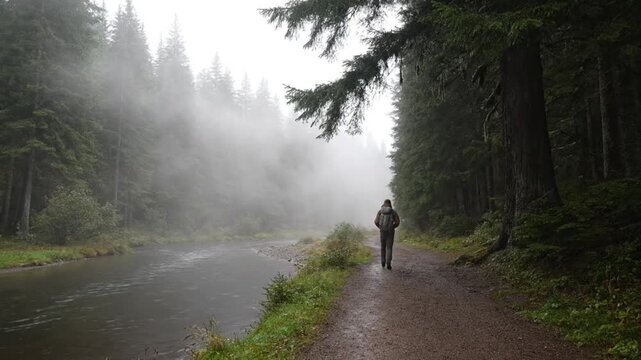 A solitary figure walks along a tranquil gravel path beside a calm river, disappearing into a thick mist that envelops a dense evergreen forest. The towering trees stretch upwards, creating an etherea