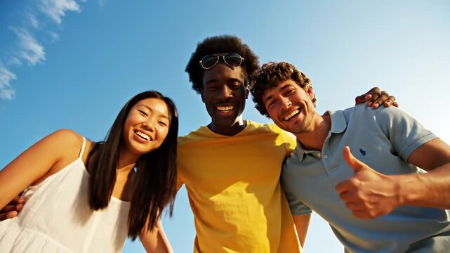 Three diverse young friends laughing happily under blue sky