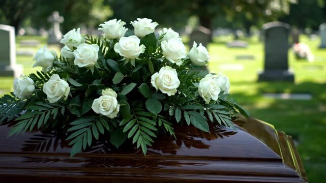A somber and reflective close-up shot of a highly polished dark wooden casket adorned with an elegant arrangement of fresh white roses and lush green foliage. The delicate blooms and verdant leaves of
