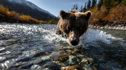 Brown Bear in a River in the Mountains