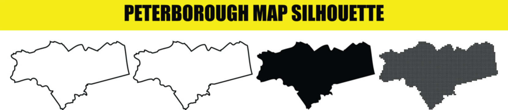 Peterborough map silhouette bundle with black fill thin contour line and digital stippled halftone dot pattern graphics