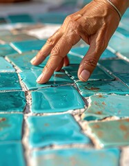 Close up of a human hand gently touching vibrant turquoise mosaic tiles with sandy texture in bright daylight illuminating earthy tones and intricate patterns