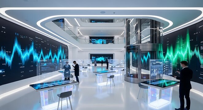 Modern technology center displays real time data visualizations across expansive interactive surfaces