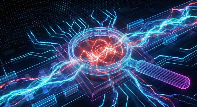 Glowing neon magnifying glass hovering over digital binary code error