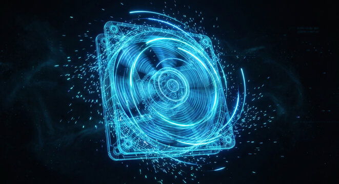 Futuristic computer cooling fan glowing blue neon wireframe spinning