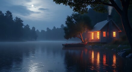 Fototapeta premium Illuminated wooden cabin rests beside a misty lake under a full moon at night