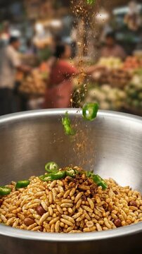 Macro of Fresh Chili and Spices Falling on Snack