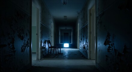 Dark Abandoned Hallway with Chair and Mysterious Light Source