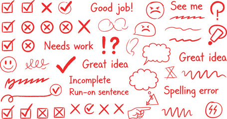 A collection of red and brown handwritten style proofreading and editing marks and comments on a white background © MSTNAZIA