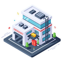 Obraz premium Isometric emergency hospital building with ambulance