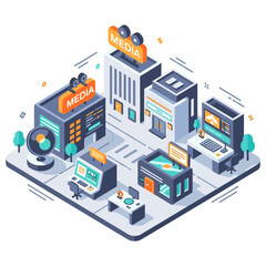 Obraz premium Modern media office isometric view with digital equipment and urban architecture