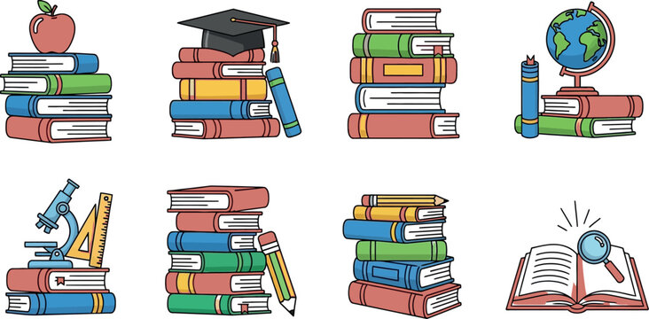 Educational icons featuring stacked books and academic symbols