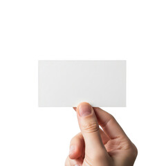 Obraz premium Minimalist business card held by hand, blank white paper card mockup for branding, professional identity card template for corporate contact info isolated on Transparent Background