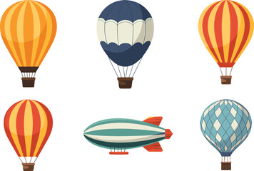 hot, air, balloon, airship, zeppelin, vector, illustration, flat, cartoon, colorful, aviation, travel, sky, adventure, transport, icon, design, set, collection, clipart © Shaharia