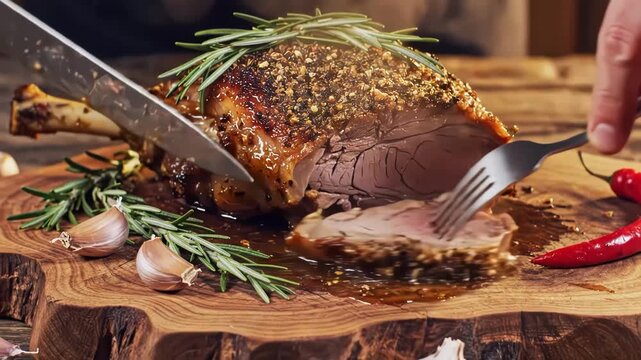Chef carving roasted lamb leg with rosemary and garlic