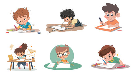 Cute kid writing a letter vector illustration with clean shapes, child learning and communication concept