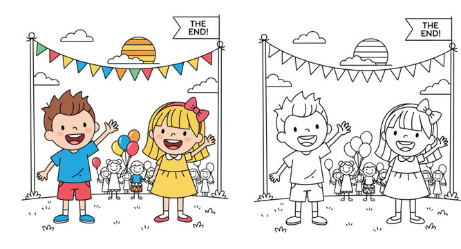 Happy boy and girl waving goodbye with The End flag and balloons, cute cartoon children celebration vector illustration for story finale or party closing.