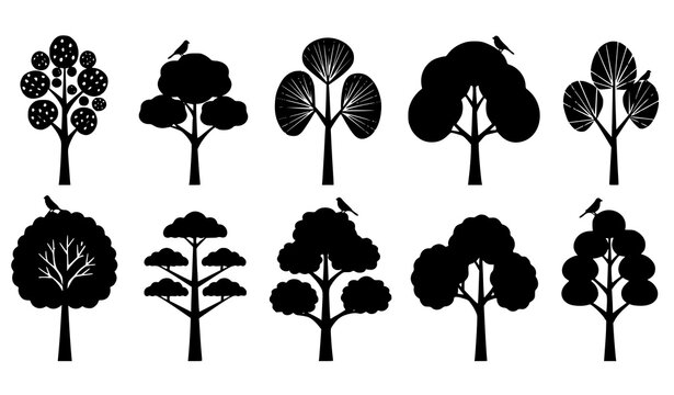 Abstract forest tree silhouettes with birds vector illustration set